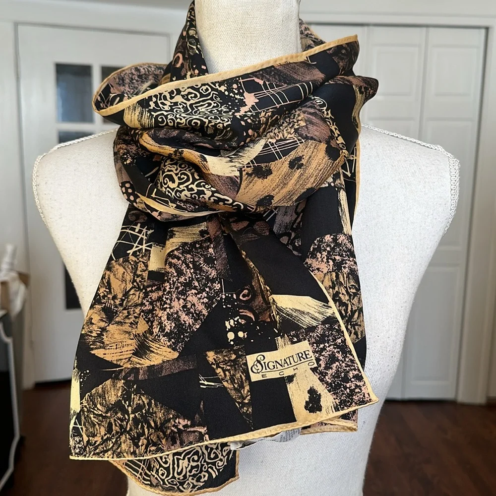 Vintage Echo Signature Black Gold 100% Silk Oblong Scarf Made in Japan